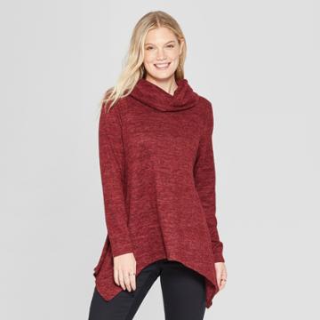 Women's Long Sleeve Cowl Neck Sharkbite Hem Cozy Tunic - Jillian Nicole - Burgundy