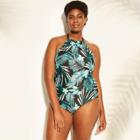 Women's Plus Size High Neck One Piece Swimsuit - Clean Water Green Tropical