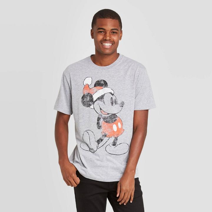 Men's Disney Mickey Santa Hat Ugly Christmas Short Sleeve Graphic T-shirt - Heather Gray