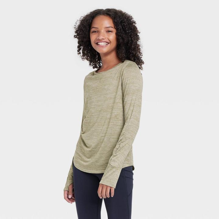 Girls' Long Sleeve Studio T-shirt - All In Motion Dark Green