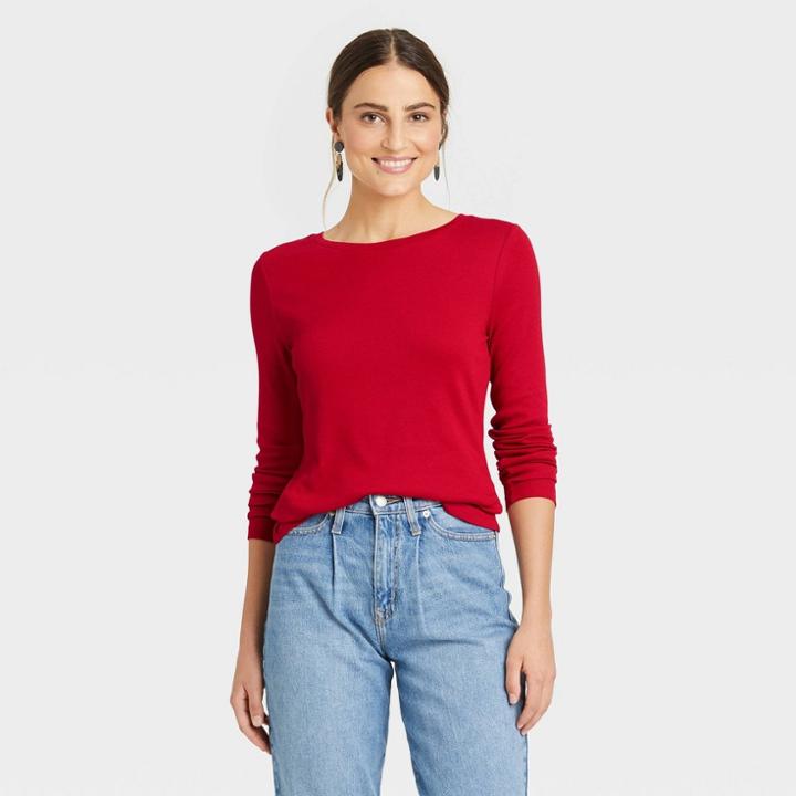 Women's Long Sleeve Ribbed T-shirt - A New Day Red