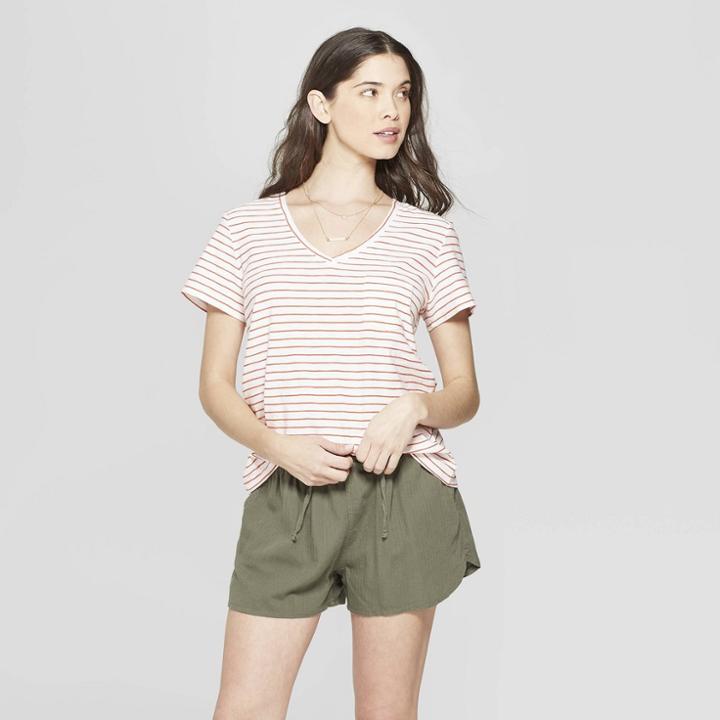 Women's Striped Short Sleeve V-neck Monterey Pocket T-shirt - Universal Thread Orange