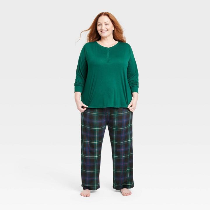 Women's Plus Size Henley Top And Pants Pajama Set - Stars Above Navy Blue
