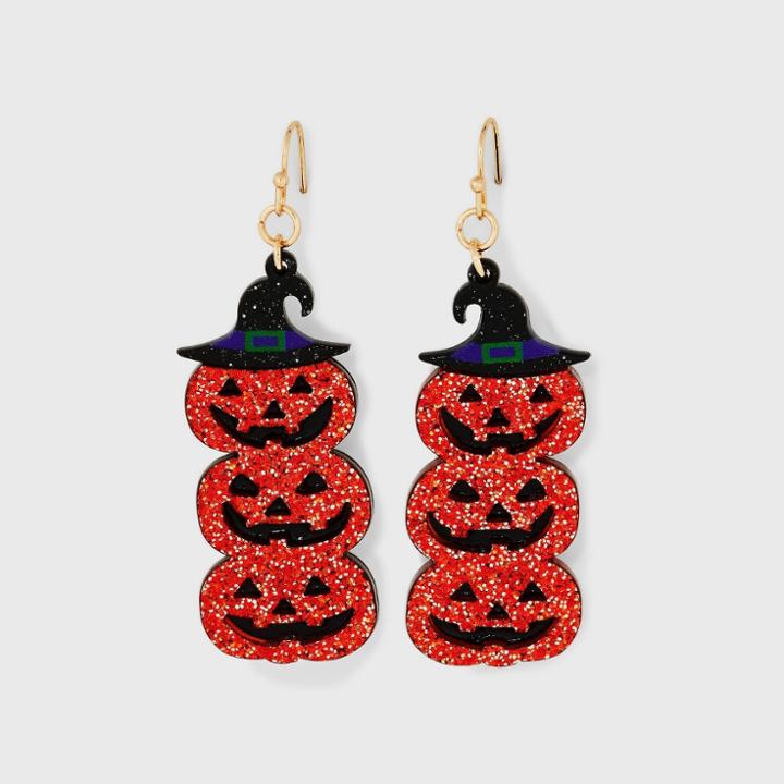No Brand Halloween Witch Hat Stacked Pumpkin Drop Earrings - Orange