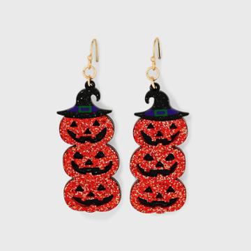 No Brand Halloween Witch Hat Stacked Pumpkin Drop Earrings - Orange
