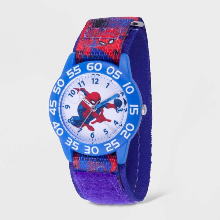 Kids' Marvel Spider-man Plastic Time Teacher Hook And Loop Strap Watch - Blue