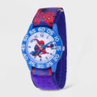 Kids' Marvel Spider-man Plastic Time Teacher Hook And Loop Strap Watch - Blue