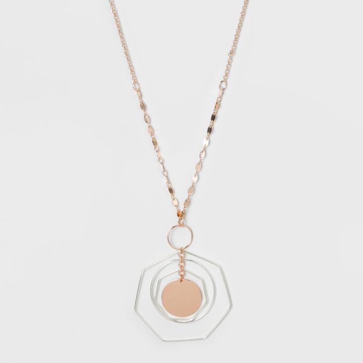 Hexagons And Disc Long Necklace - A New Day Silver/rose Gold