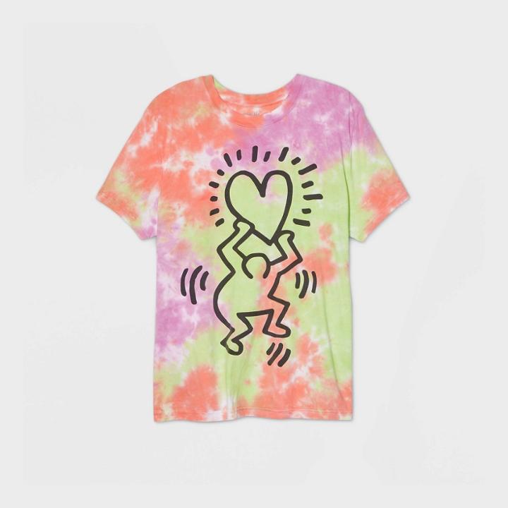 Women's Keith Haring Shining Heart Plus Size Short Sleeve Boyfriend Graphic T-shirt - Orange/pink