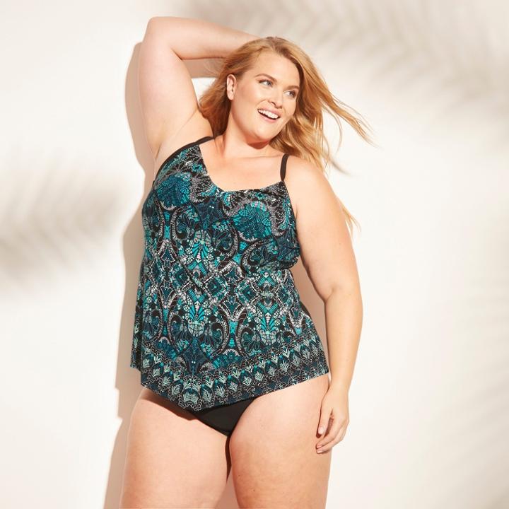 Women's Plus Size Halter Tankini Top - Aqua Green Blue Print