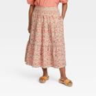 Women's Plus Size High-rise Tiered Midi A-line Skirt - Universal Thread Coral Pink Floral
