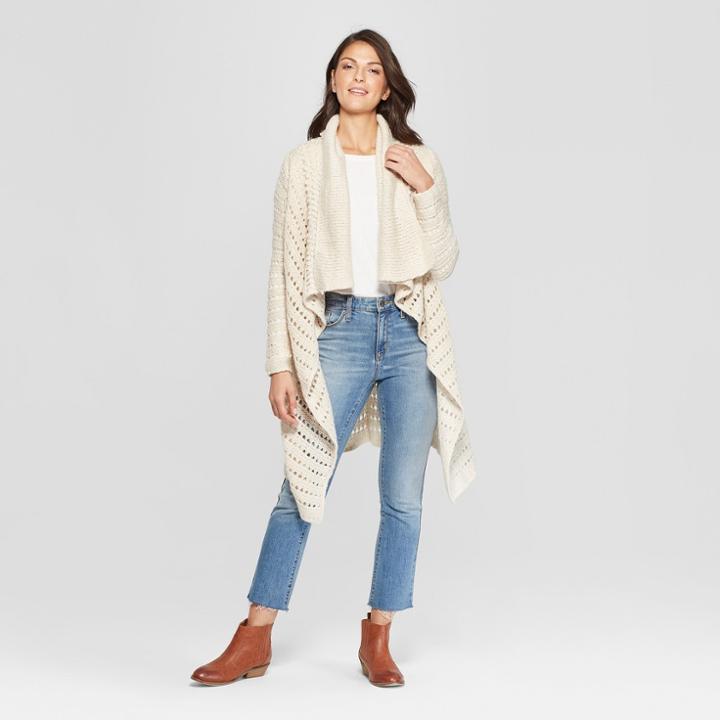 Women's Long Sleeve Pointelle Waterfall Cardigan - Knox Rose Ivory
