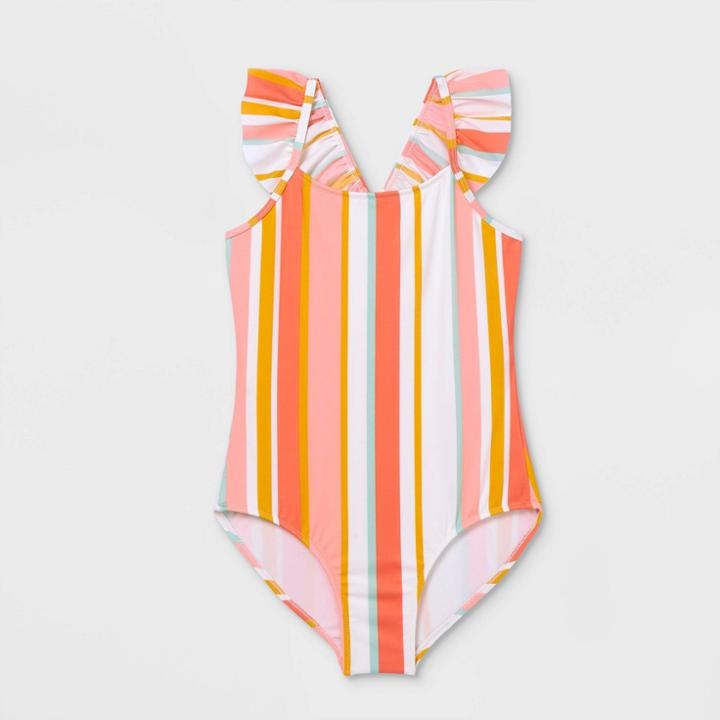 Girls' Striped Ruffle Cabana One Piece Swimsuit - Cat & Jack Coral