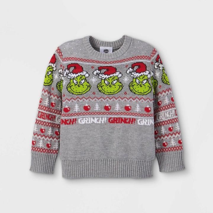 Dr. Seuss Toddler Boys' The Grinch Fair Isle Sweater - Gray