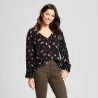 Women's Floral Long Sleeve Button-down Blouse - A New Day Black