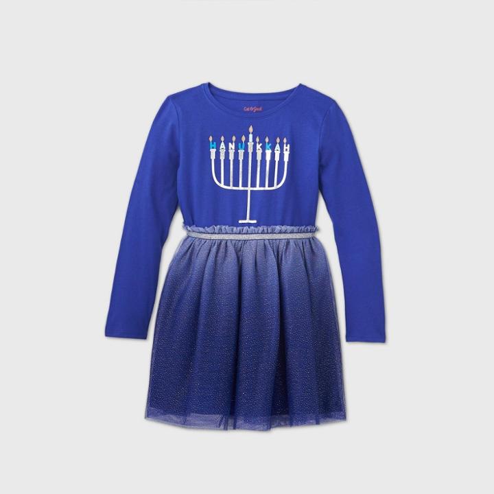 Girls' Long Sleeve Hanukkah Menorah Tulle Dress - Cat & Jack Blue