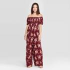 Women's Floral Print Short Sleeve Off The Shoulder Smocked Top Jumpsuit - Xhilaration Burgundy