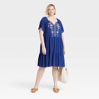 Women's Plus Size Raglan Short Sleeve Embroidered Tiered A-line Dress - Knox Rose Blue