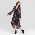 Women's Floral Print Long Sleeve V-neck Tiered Ruffle Midi Dress - Xhilaration Black