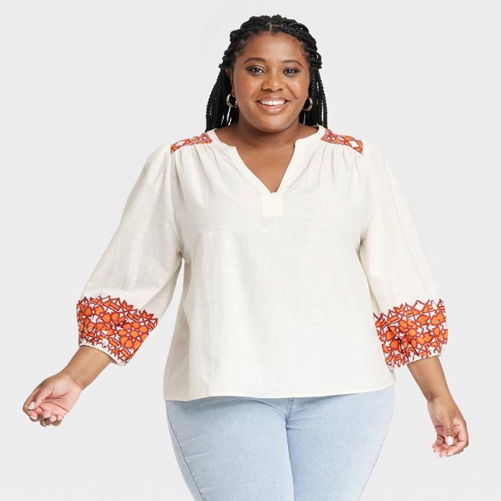 Women's Plus Size Balloon 3/4 Sleeve Woven Top - Knox Rose Cream Abstract 1x, Ivory Abstract
