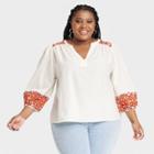 Women's Plus Size Balloon 3/4 Sleeve Woven Top - Knox Rose Cream Abstract 1x, Ivory Abstract