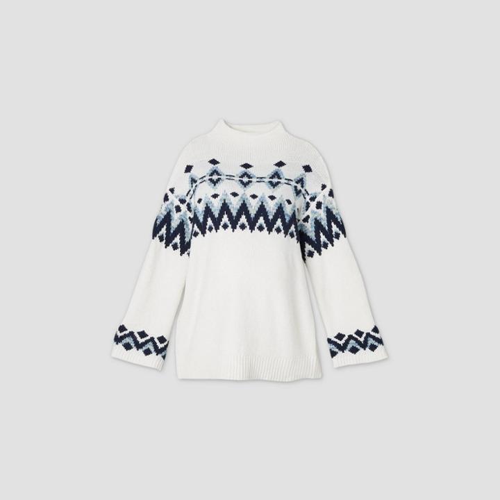 Maternity Printed Mock Turtleneck Fair Isle Pullover Sweater - Isabel Maternity By Ingrid & Isabel White/blue
