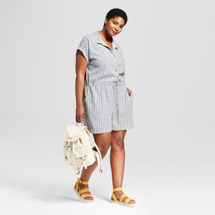 Women's Plus Size Striped Camp Shirt Romper - Universal Thread Blue