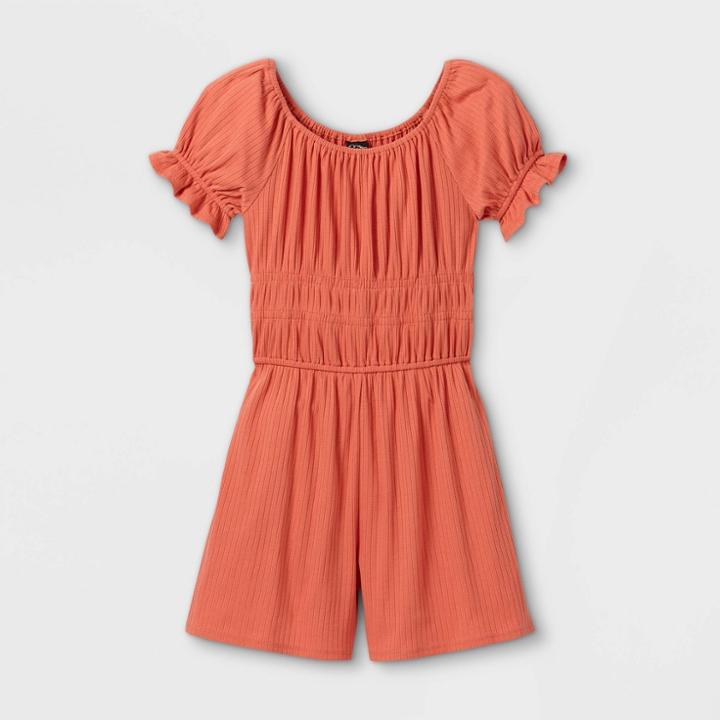 Girls' Smocked Waist Short Sleeve Romper - Art Class Orange