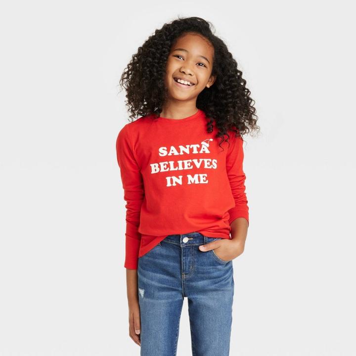 Girls' 'santa Believes In Me' Long Sleeve Graphic T-shirt - Cat & Jack Red