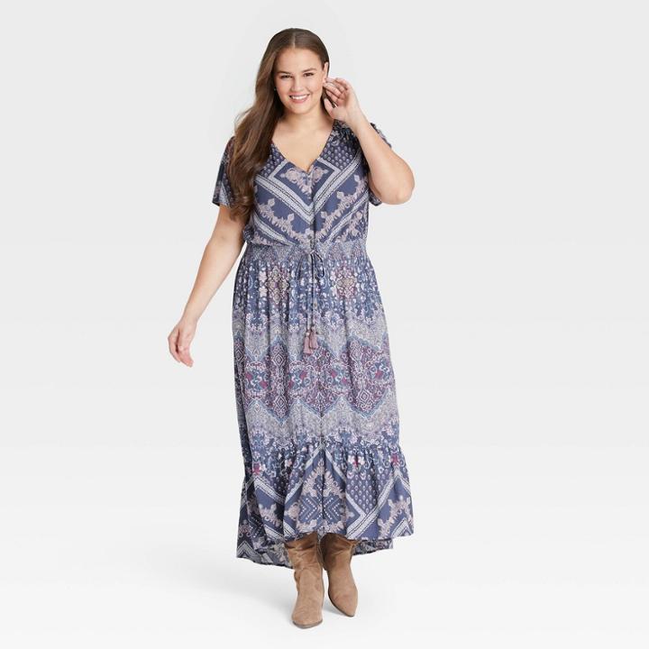 Women's Plus Size Ruffle Short Sleeve Smocked Dress - Knox Rose Blue Ikat
