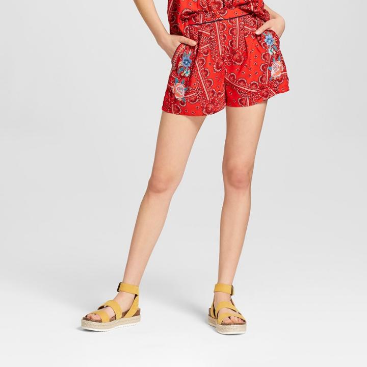 Women's Embroidered Soft Shorts - Xhilaration Red/navy
