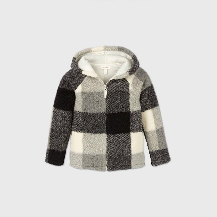 Girls' Buffalo Check Sherpa Zip-up Sweater - Cat & Jack Black/cream