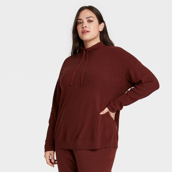 Women's Plus Size Mock Turtleneck Pullover - Ava & Viv Brown X