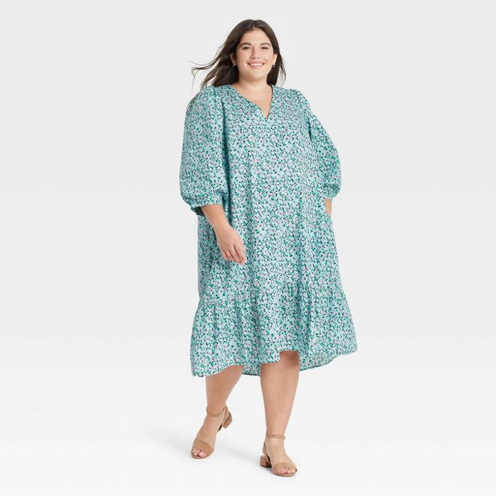 Women's Plus Size Long Sleeve Ruffle Hem Dress - A New Day Blue