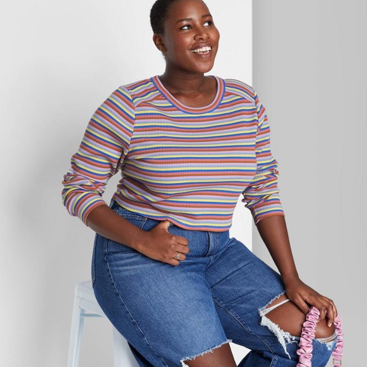 Women's Plus Size Long Sleeve Slim Fit Baby T-shirt - Wild Fable Blue