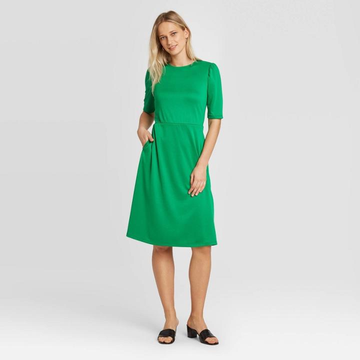 Women's Short Sleeve Round Neck Seamed Dress - Who What Wear Green