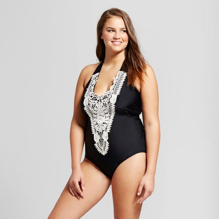 Surfside Women's Plus Size Crochet Halter One Piece - Black