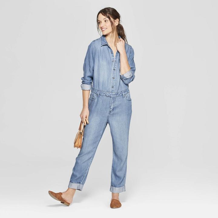 Women's Long Sleeve Crew Neck Denim Wide Leg Jumpsuit - Universal Thread Medium Wash