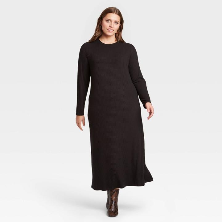 Women's Plus Size Long Sleeve Rib Knit Dress - A New Day Black