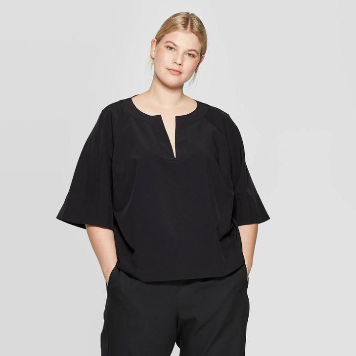 Women's Plus Size 3/4 Sleeve V-neck Blouse - Prologue Black X