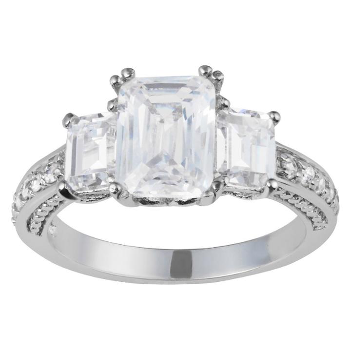Journee Collection 4 1/10 Ct. T.w. Emerald-cut Cz Basket Set Three-stone Engagement Ring In Sterling Silver - Silver,