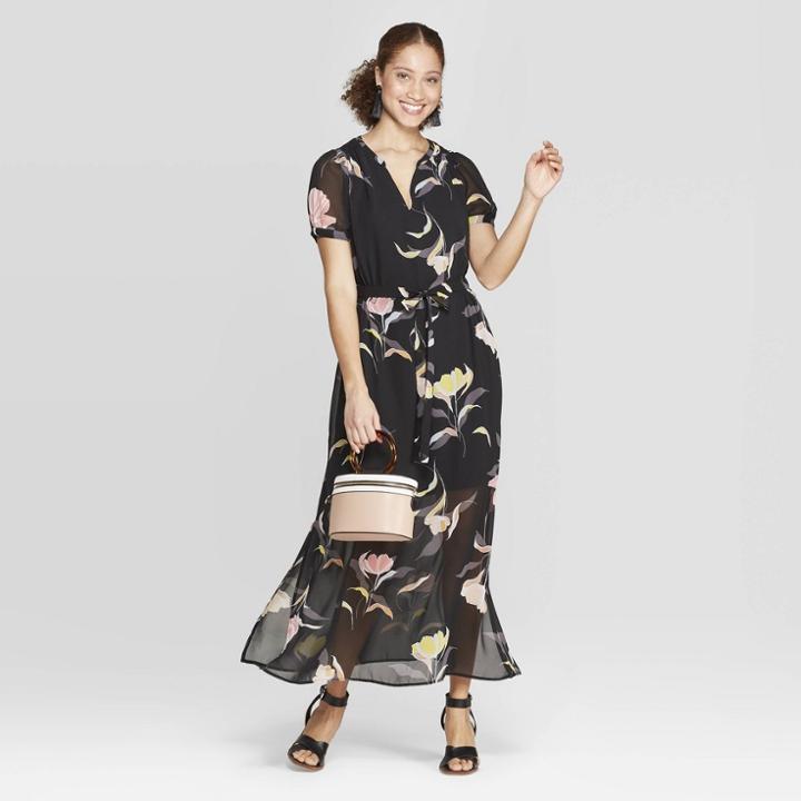 Women's Floral Print Casual Fit Cap Sleeve Deep V-neck Chiffon Maxi Dress - A New Day Black