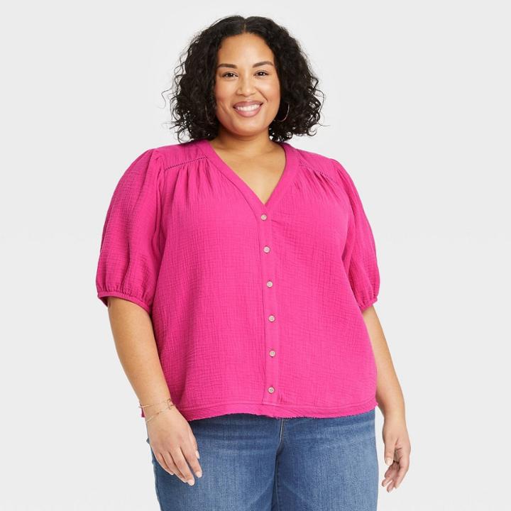 Women's Plus Size 3/4 Sleeve Gauze Button-down Shirt - Knox Rose Punch Berry