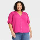 Women's Plus Size 3/4 Sleeve Gauze Button-down Shirt - Knox Rose Punch Berry