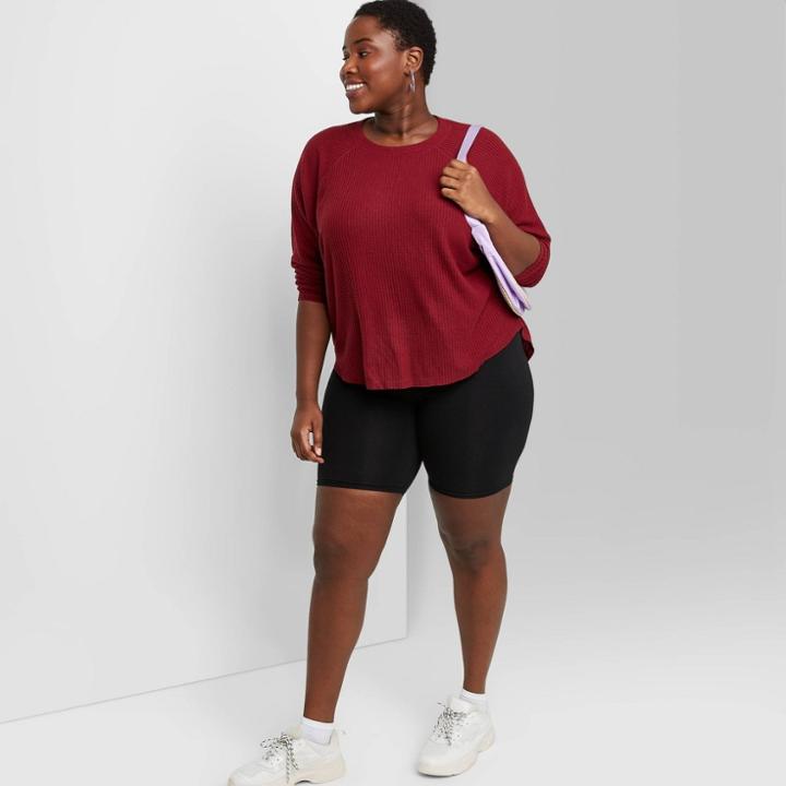 Women's Plus Size Long Sleeve Waffle T-shirt - Wild Fable Burgundy