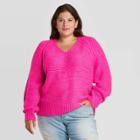 Women's Plus Size Balloon Sleeve V-neck Pullover Sweater - Universal Thread Pink