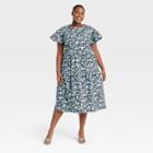 Women's Plus Size Floral Print Flutter Short Sleeve A-line Dress - Who What Wear Blue