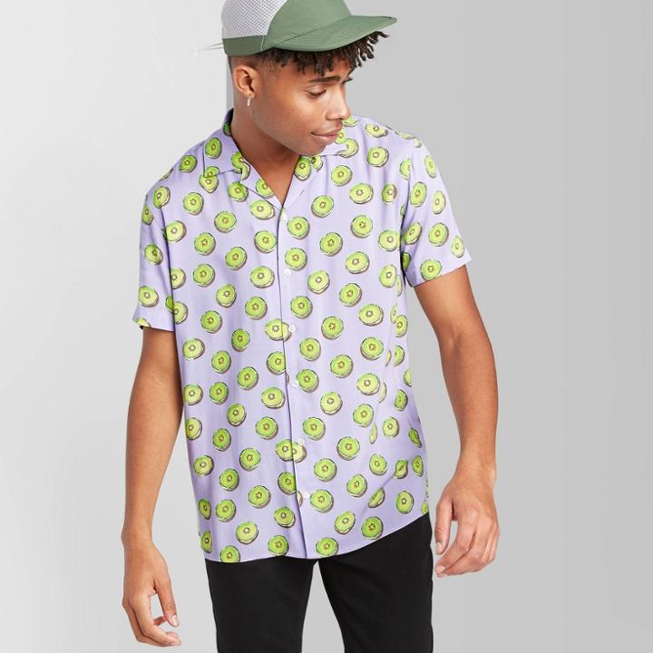 Men's Printed Short Sleeve Button-down Shirt - Original Use - Lilac S, Men's, Size: