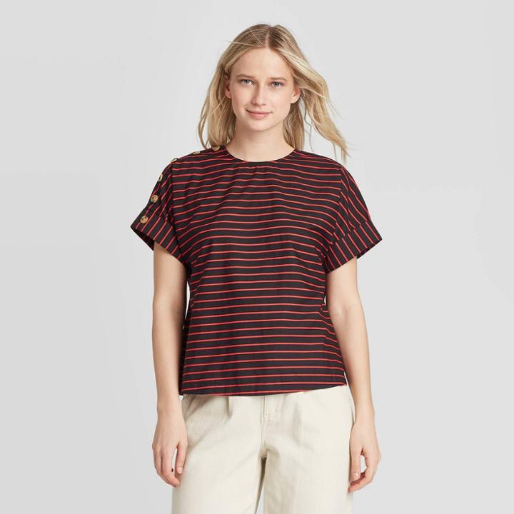 Women's Striped Short Sleeve Button Blouse - Who What Wear Black