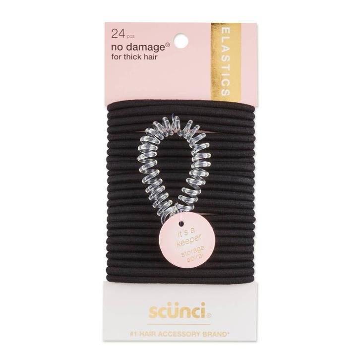 Scunci Thick Hair Elastics With Bonus Clear Spiral Holder - Black